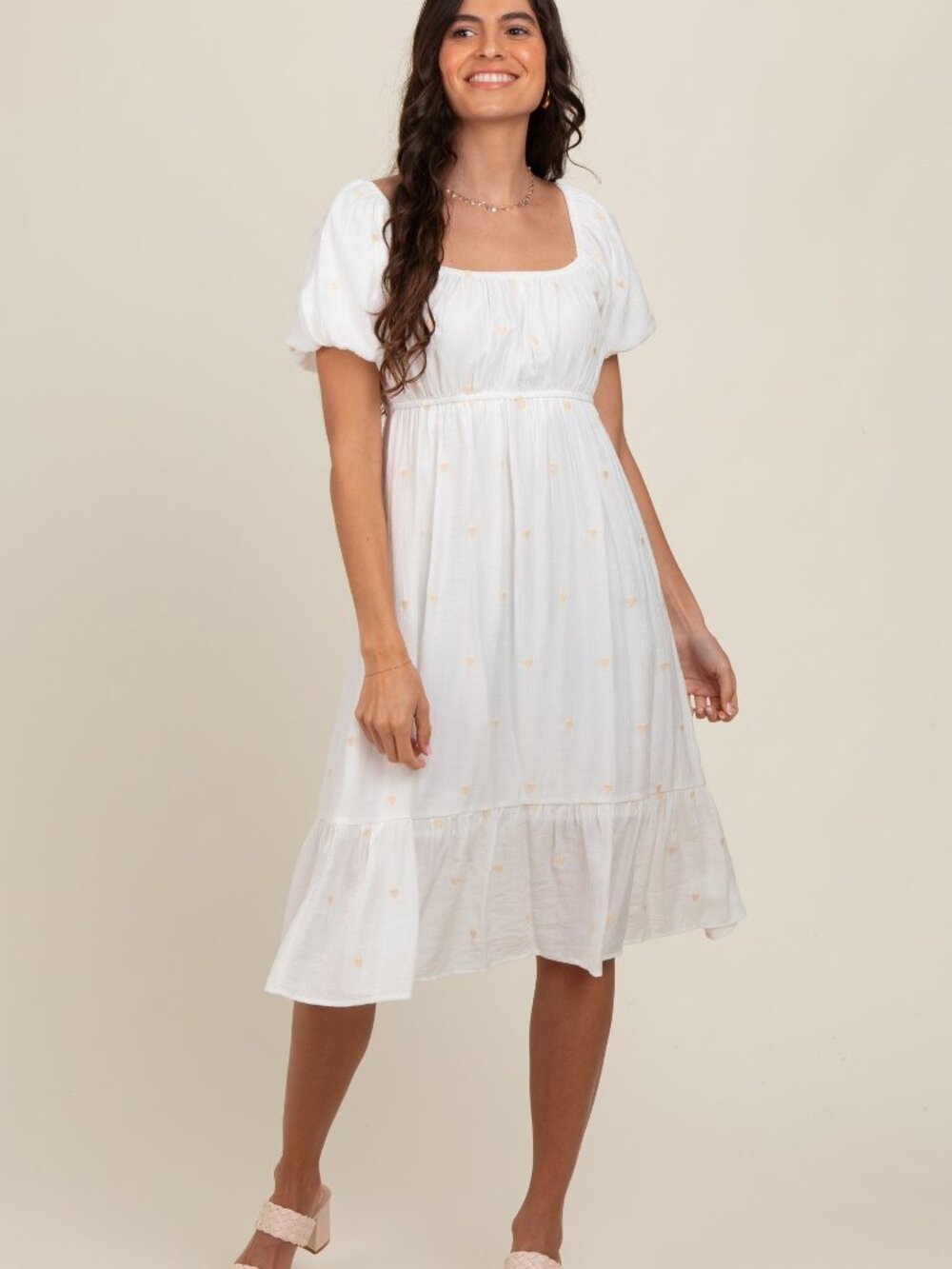 HEM & THREAD Bubble Sleeve Heart Embroidered Dress White NWT - Picture 6 of 8